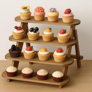 Puede incluir: Un expositor de madera de varios niveles con una variedad de cupcakes. Los cupcakes están decorados con diferentes coberturas, incluyendo frutas y flores. El expositor es de madera marrón claro y tiene tres niveles.