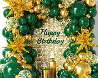 Green & Gold Balloon Garland Arch Kit with Stars - 137Pcs Emerald Dark Green Gold Confetti Balloons for Birthday, Baby Shower Party - Events
