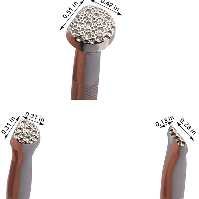 May include: Close-up of three silver-colored metal tools with textured, rounded heads. The largest head measures 0.51 x 0.42 inches. The tools have gray handles and are likely used for crafting or jewelry making.