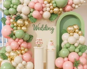 Balloon Arch Kit, 152 Count Sage Green, Pink, White, Gold Sand Balloons of Different Sizes for Girls, Baby Shower, Wedding, Birthday, Events