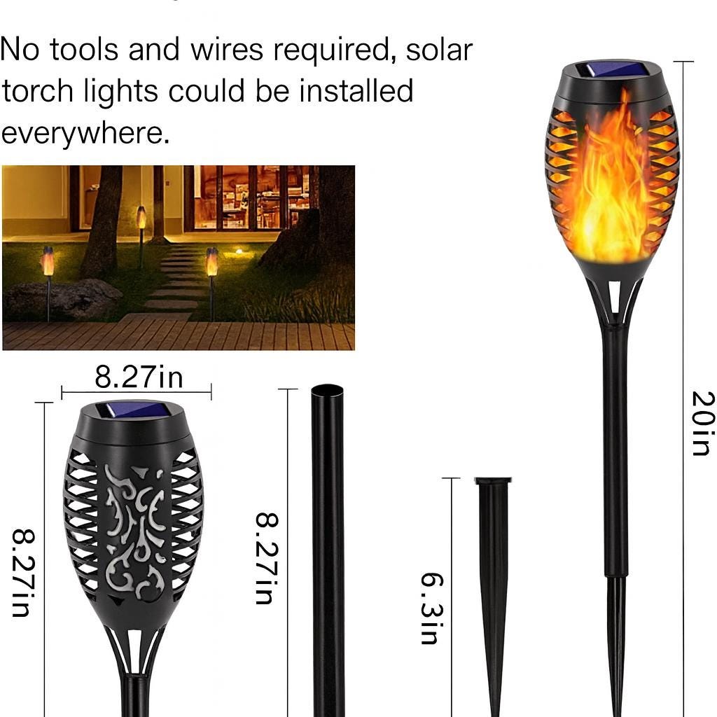 Torch Decor 12 Pack Solar Torch Lights – 12 LED Flickering Flame Tiki Torches, IP65 ...