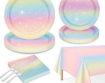 Pastel rainbow party supplies for 20 guests: disposable tableware with pastel paper plates, napkins and tablecloth for girls.