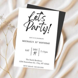 Minimalist Birthday Invitation | Black & White Party Invite | Modern Digital Download| Simple Invitation | 21st Birthday | Chic Birthday
