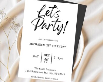 Minimalist 21st Birthday Invitation | Black and White Party (Digital Download)