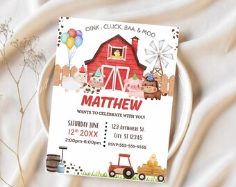 May include: A farm-themed invitation with a red barn, windmill, and cartoon animals. The invitation includes the name "MATTHEW" and event details: Saturday June 12th, 20XX, 2:00pm-6:00pm, and an address and RSVP number.