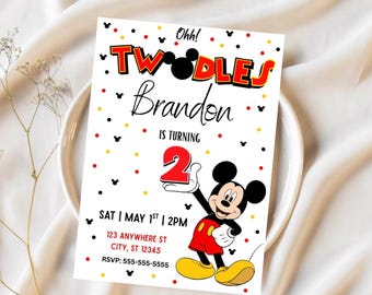 May include: A white invitation card with a Mickey Mouse theme. The card features the text "TWODLES Brandon IS TURNING 2" in red and black. Mickey Mouse is illustrated on the right. The card also includes event details: date, time, address, and RSVP information.
