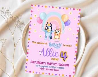 Invitación de cumpleaños azul: arcoíris pastel, plantilla editable de Canva