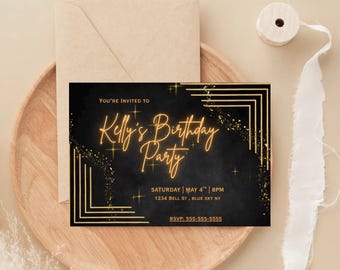 Black & Gold Glitter Birthday Invitation – Glam Template (Instant Download)