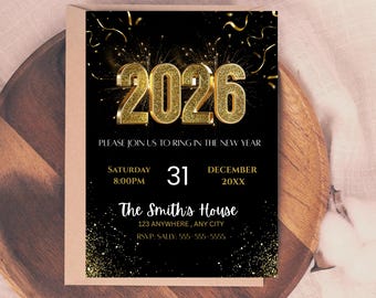 2026 New Year’s Eve Party Invitation | Black Gold NYE Invite | Editable New Year Party Invitation | Printable Digital Invite