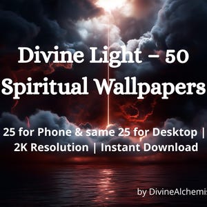 Op de afbeelding: Digitale kunst met een dramatische lucht met donkere wolken en helder licht. Tekst luidt "Divine Light - 50 Spiritual Wallpapers" met details over resoluties en direct downloaden.