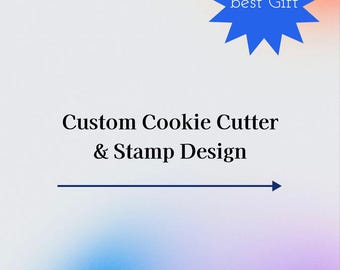 Op de afbeelding: Een digitale afbeelding met de tekst Custom Cookie Cutter & Stamp Design in het zwart, een blauwe ster-vorm met de tekst best Gift, een horizontale zwarte pijl naar rechts en een klein groen icoon met een boomsymbool onderaan.