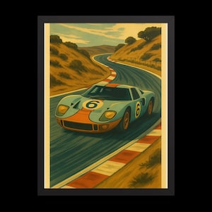 Ford GT40 Racing Framed Poster – Gulf Livery Vintage Track Print, Retro Motorsport Wall Art