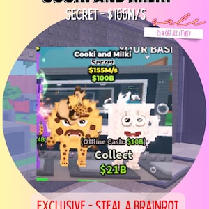 Könnte beinhalten: Digitalgrafik mit dem Text "COOKI AND MILKI" und "SECRET - $155M/S". Das Bild enthält Zeichentrickfiguren und den Text "Collect $21B". Der Hintergrund ist ein Farbverlauf aus Rosa und Gelb.