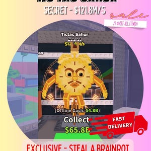 May include: A digital graphic with a pixelated clock-faced character. Text includes "TIC TAC SAHUR", "SECRET", and "COLLECT £65.8B". A red truck graphic indicates "FAST DELIVERY". The image has a pink and blue background with a "25% OFF" sale notice.