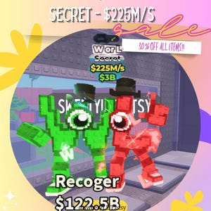 May include: A digital art image featuring two blocky figures, one green and one red, with large, single eyes. The image includes text that reads "WORL SECRET" and "Recoger". The background has a gradient of pink, yellow, and purple.