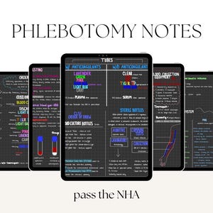 Pode incluir: Uma coleção de cinco tablets digitais exibindo notas de flebotomia. Os tablets apresentam anotações manuscritas em um fundo escuro, com títulos como "Tubos" e "Ordem de Desenho". O texto "PHLEBOTOMY NOTES" e "pass the NHA" também são visíveis.