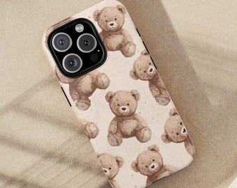 Beige Brown Teddy Bear Phone Case, Cute Bear Pattern Aesthetic Case, Cozy Neutral Gift, iPhone Samsung Pixel Tough iPhone Case