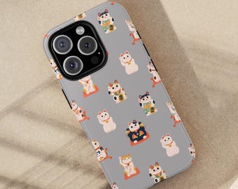 Gray Cute Japanese Lucky Cat Phone Case | Kawaii Maneki-neko Cover for iPhone & Samsung | Aesthetic Glossy Protective Case