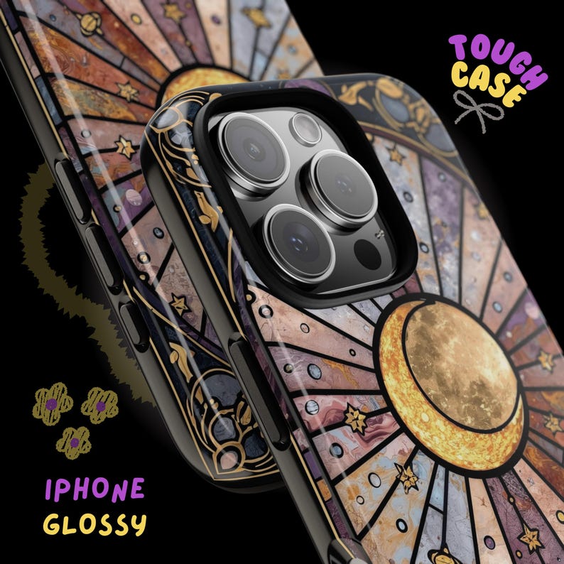 Funda para móvil con diseño de luna inspirada en vidrieras / Estética celestial / Funda de estrella mística / Regalo mágico para ella / Estilo bohemio oscuro / iPhone y Samsung imagen 4