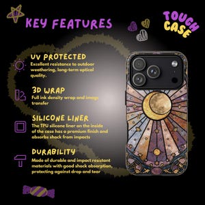 Funda para móvil con diseño de luna inspirada en vidrieras / Estética celestial / Funda de estrella mística / Regalo mágico para ella / Estilo bohemio oscuro / iPhone y Samsung imagen 3