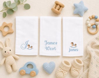 Personalized Rocking Horse Baby Burp Cloth Set– Set of 3 Embroidered Burp Cloths – Custom Baby Name Gift – Baby Shower Gift