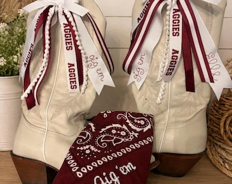 Custom College Game Day Boot Bow & Bandana Set | Personalized Boot Bows| Senior Night | Tailgate | Graduation Gift