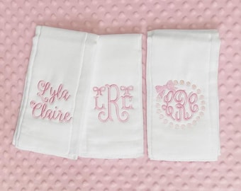 Personalized Baby Burp Cloth Set of 3 – Monogrammed Baby Girl Burp Cloths, Custom Newborn Gift, Embroidered Baby Shower Gift, Baby Girl