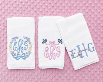 Princess Baby Burp Cloth Set – Monogrammed Burp Cloths – Personalized Baby Girl Gift – Embroidered Baby Shower Gift – Set of 3