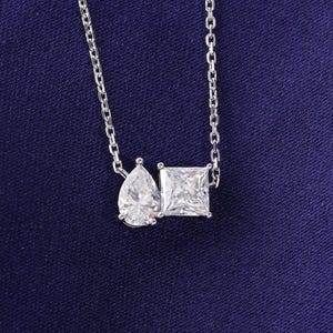 2CTW Toi et Moi Pendant Necklace – Pear & Princess Cut Two Stone IGI Certified Moissanite in 14k White Gold, Unique Engagement Jewelry.