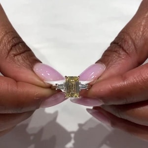Vivid Yellow Emerald Cut Diamond Ring 2.50 CTW with Side Baguettes | IGI Certified Lab Diamond Engagement Ring | 14K Solid Gold.