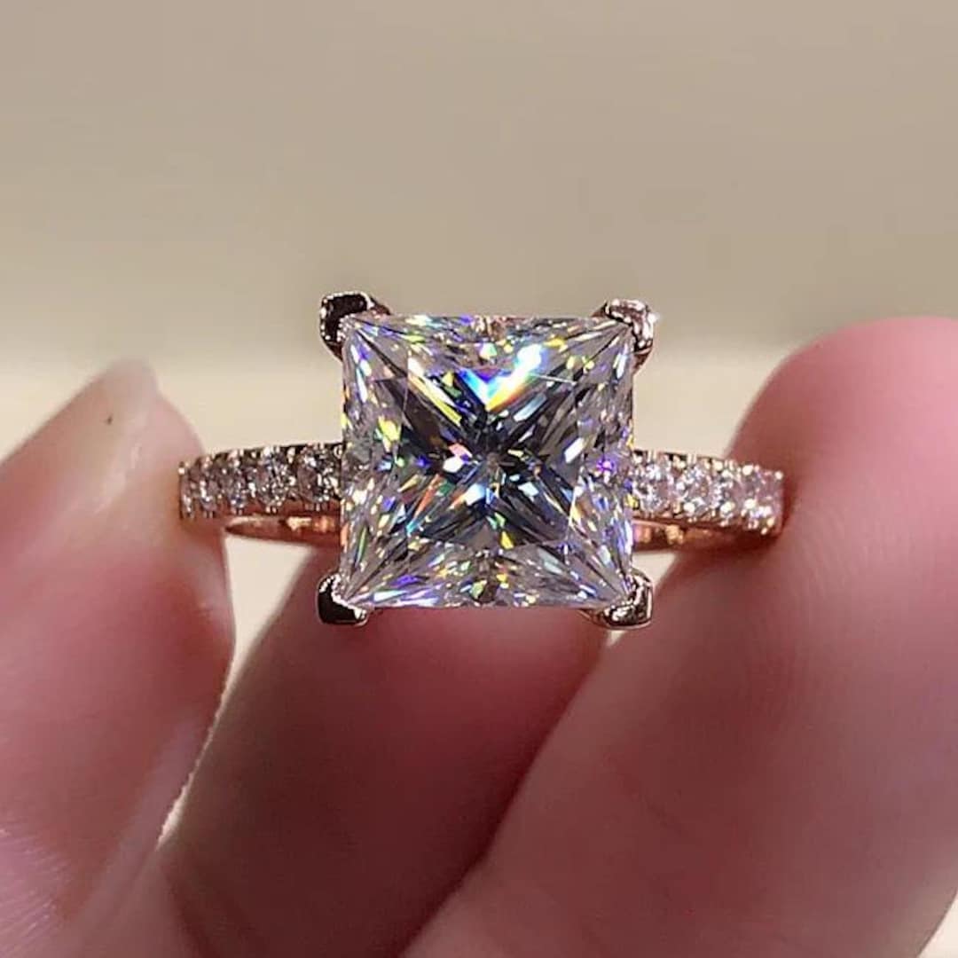 4CT Princess Cut Lab-grown Diamond Engagement Ring, 14K Yellow Gold ...