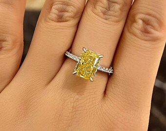 Radiant Cut Yellow Lab Grown Diamond Engagement Ring – 14K Gold Pavé Band