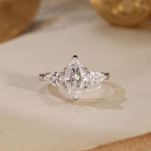 2CT Marquise Cut Three Stone Ring with Pear Side Stones IGI Certified Lab Diamond Moissanite Option 14K White Gold Engagement Ring.