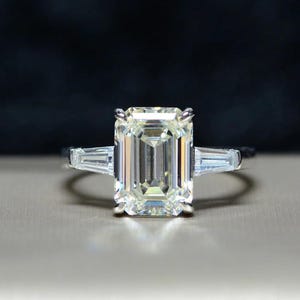 4.50CTW Emerald Cut Three Stone Ring Tapered Baguette Side Stones IGI Certified Lab Diamond Moissanite Option 14K White Gold Engagement Ring