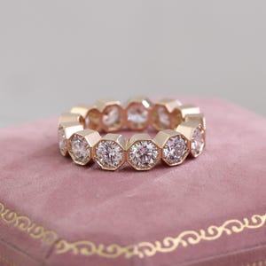 Round Cut Full Eternity Band Bezel Set Lab Diamond Ring, Moissanite Option, 14K Yellow Gold Wedding or Anniversary Band.
