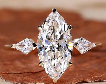 2CT Marquise Lab Diamond Engagement Ring, Kite Side Stones, 14K Yellow Gold