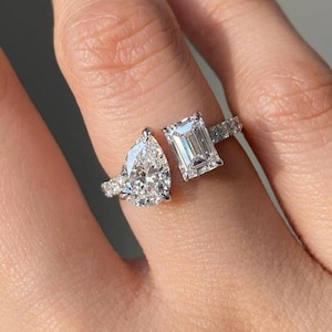 2.60CTW Pear & Emerald Cut Toi Et Moi Ring IGI Certified or Moissanite Two Stone Engagement Ring 14K Yellow Gold Anniversary Jewelry.