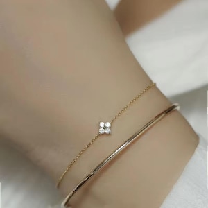 Dainty 4-Stone Floral Diamond Bracelet in 14K Gold, Lab Grown or Moissanite Option, Minimalist Adjustable Gift for Her, Everyday Jewelry.