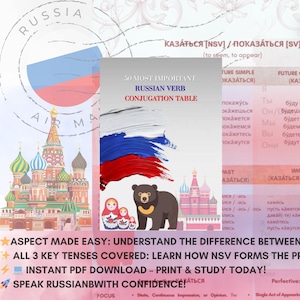 以下が含まれることがあります： 「50の最も重要なロシア語動詞」というテキストが入ったロシア語動詞活用表。画像にはロシア国旗、クマ、マトリョーシカ人形、教会が含まれています。「自信を持ってロシア語を話しましょう！」というテキストも表示されています。