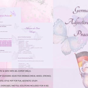 May include: Aesthetic German language practice sheets with a pastel color scheme. The sheets include exercises on adjective declension. The image features a cute cartoon cat holding a German flag. Text on the image includes "German Case & Adjective Declination Practice Sheets."