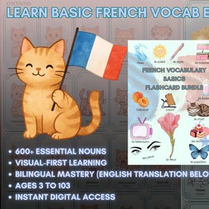 May include: A digital flashcard bundle for learning French vocabulary. The image features a cartoon cat holding a French flag, with the text "Learn Basic French Vocab Easily." The flashcards include 600+ essential nouns, visual-first learning, and bilingual mastery.