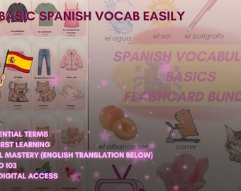 May include: A digital flashcard bundle for learning basic Spanish vocabulary. The image features a cartoon girl holding a Spanish flag, with vocabulary words and illustrations. Text includes "Learn Basic Spanish Vocab Easily" and "Spanish Vocabulary Basics Flashcard Bundle."