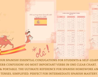 Spanish Verb Conjugation Chart: 100 Verbs, 9 Tenses (Digital Download)