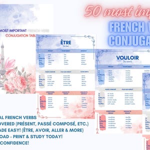Op de afbeelding: Een digitale download met Franse werkwoordvervoegingstabellen. Het ontwerp bevat de Eiffeltoren, bloemaccenten en de kleuren van de Franse vlag. De tekst luidt "50 belangrijkste Franse werkwoorden".