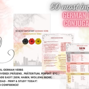 May include: A digital study guide for German verb conjugation. The image features a heart with the German flag colors, a German airmail stamp, and a title that reads "50 most important German verb conjugation". The guide covers essential verbs and tenses.