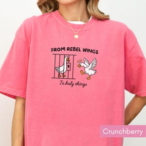 May include: A pink t-shirt with the text "FROM REBEL WINGS To holy things" and a graphic of two white geese. One goose is behind bars, and the other has a halo. The shirt is a solid color and has a crew neck.