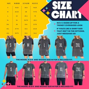 May include: Size chart for t-shirts, with measurements in inches for sizes S to 4XL. The chart includes width, length, and sleeve measurements. Models are shown wearing the shirts. Text advises sizing up for an oversized look.