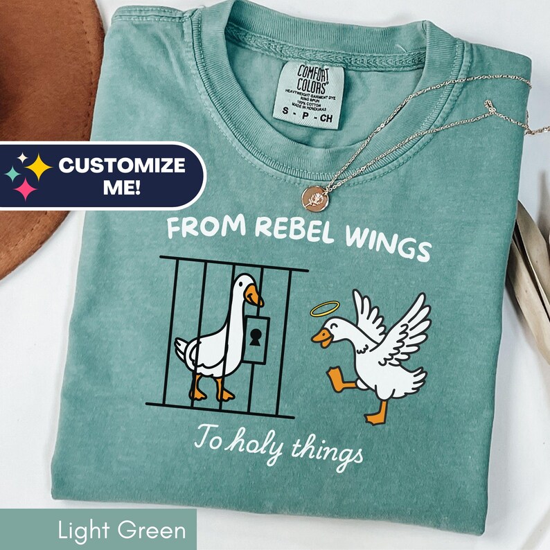 May include: Light green t-shirt with the text "FROM REBEL WINGS To holy things" and a graphic of two geese. One goose is behind bars, and the other has a halo. A silver necklace with a pendant is on the shirt.