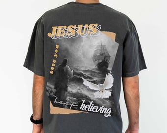Jesus walk on water tee, storm shirt jesus, Comfort colors® vintage christianity faith apparel, Bible Verse Tee, Religious Gift for Her Him