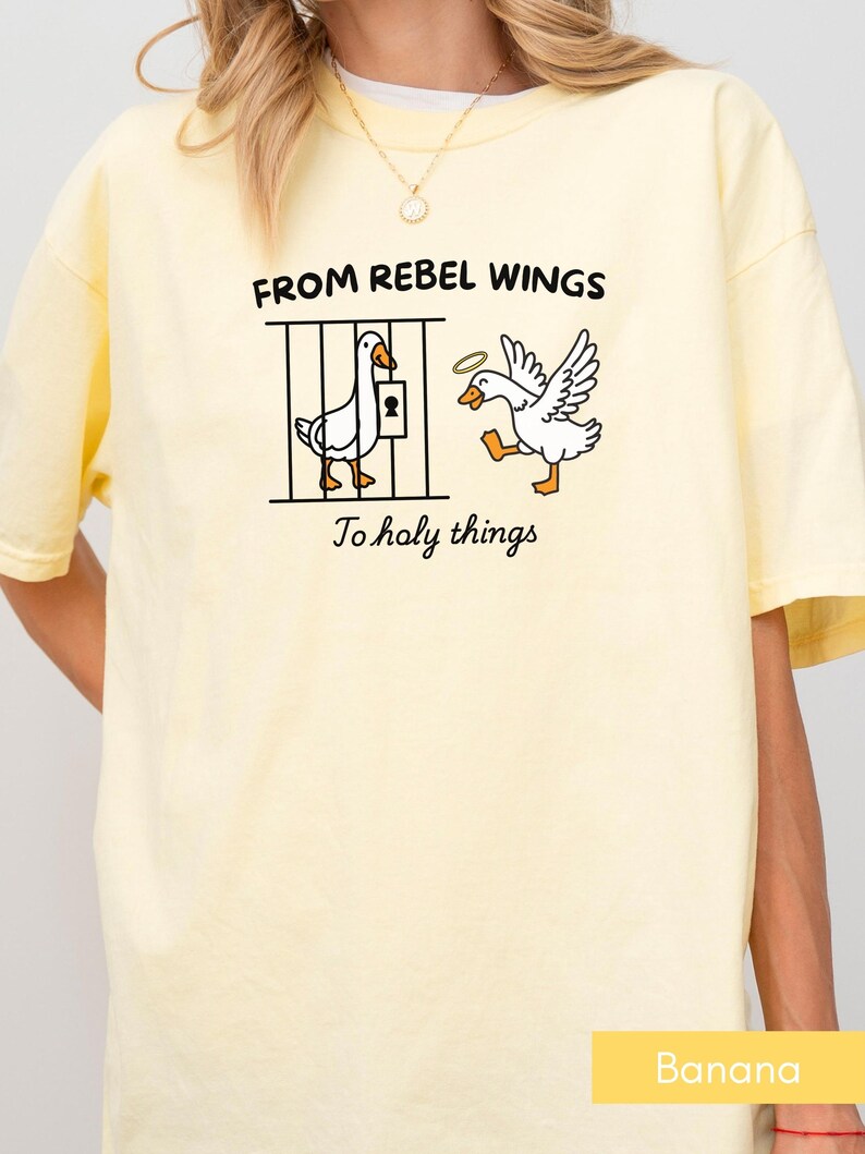 May include: A light yellow t-shirt with a graphic of two cartoon geese. One goose is behind bars, and the other has a halo and wings. Text on the shirt reads "FROM REBEL WINGS To holy things". The word "Banana" is at the bottom.